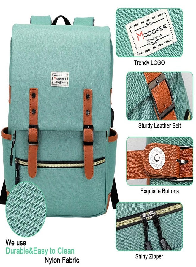 Modoker Vintage Women Laptop Backpack with USB Charging Port, School College Backpack for Women Men Fashion Backpack Fits 15.6Inch Notebook, Slim Casual Travel Daypack Bookbag Green - Image 5