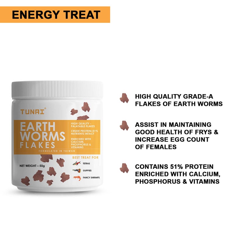 TUNAI رقائق ديدان الأرض TUNAI مع 51% بروتين 50 جرام مكمل غذائي لجميع مراحل الحياة، يعزز اللون وطعام الأسماك للتترا، الجوبي و الروبيان الفاخر - Image 2