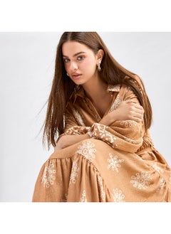 FAV Printed Midi Shirt Dress with Long Sleeves and Tie-Up Belt  - Image 1