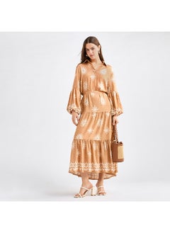 FAV Printed Midi Shirt Dress with Long Sleeves and Tie-Up Belt  - Image 3