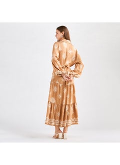 FAV Printed Midi Shirt Dress with Long Sleeves and Tie-Up Belt  - Image 2