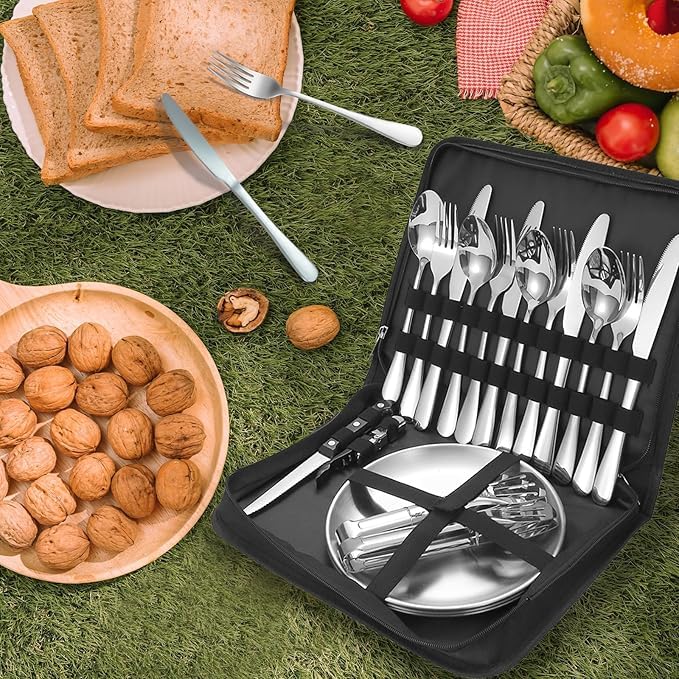 RELEMTRA Metal Camping Utensil Set Camping Silverware Set for 20 Reusable Travel Cutlery Set with Case Include Knife Fork Spoon Dish and Beer Cap Opener 20PCS Set for 4 People - Image 4