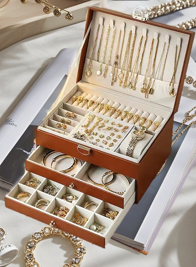 3-Layer Lockable Jewelry Organizer in Brown: Ideal for Neatly Storing Necklaces, Earrings, Bracelets and Rings(Brown) - Image 1