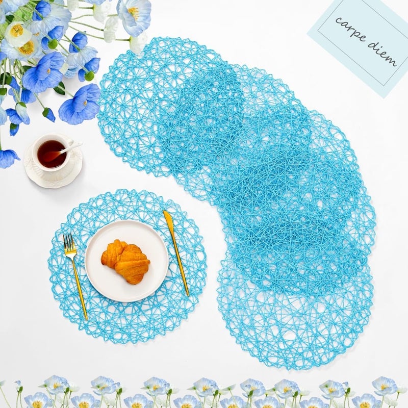 IcosaMro Sky Blue Round Placemats Set of 6 for Dining Table 15 Inch Paper Woven Boho Decorative Circle Place Mat for Wedding Christmas Thanksgiving Day Holiday Dinner 15 Inch Sky Blue - Image 1