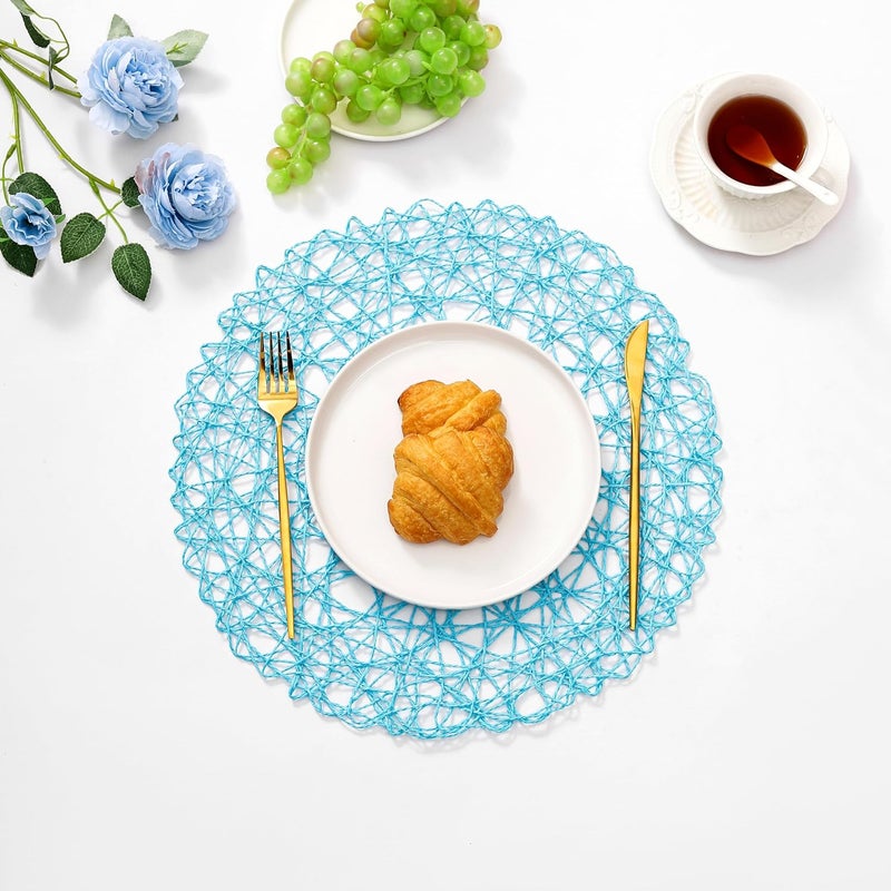 IcosaMro Sky Blue Round Placemats Set of 6 for Dining Table 15 Inch Paper Woven Boho Decorative Circle Place Mat for Wedding Christmas Thanksgiving Day Holiday Dinner 15 Inch Sky Blue - Image 2