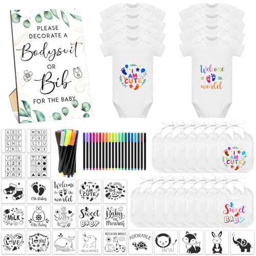SytuHete 69 Pcs Baby Bib Bodysuit Set - Baby Shower Game Sign, Feeder Bib, Newborn Bodysuit, Fabric Marker - Image 1