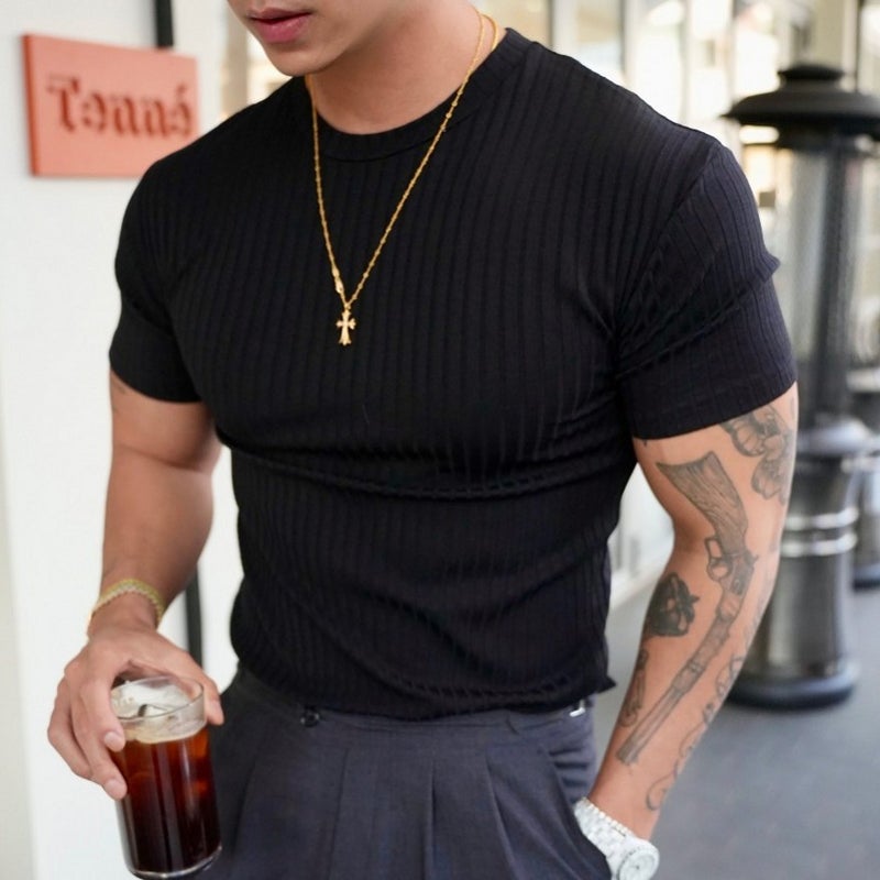 Summer New Ins Trendy Brand Muscle Fitness Men's Fitness Casual Round Neck Elastic Round Neck Short-Sleeved Vertical Strip T-Shirt for Men - Image 1