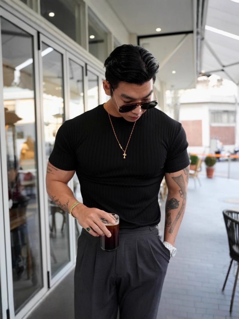 Summer New Ins Trendy Brand Muscle Fitness Men's Fitness Casual Round Neck Elastic Round Neck Short-Sleeved Vertical Strip T-Shirt for Men - Image 3