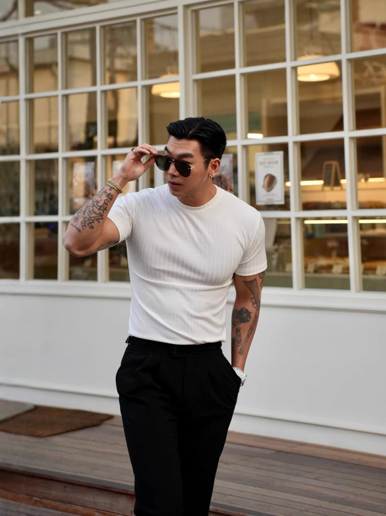 Summer New Ins Trendy Brand Muscle Fitness Men's Fitness Casual Round Neck Elastic Round Neck Short-Sleeved Vertical Strip T-Shirt for Men - Image 5