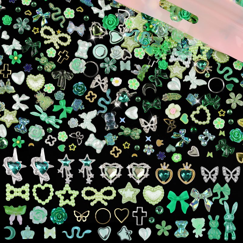 editTime 650pcs Mixed 3D Nail Charms Kit, 12pcs Luxury Metal Nail Rhinestones and 250pcs Resin Butterfly Flower Star Heart Bow Charms with 400pcs Flatback Pearls Rhinestone Metal Gems Charms (Green) - Image 2
