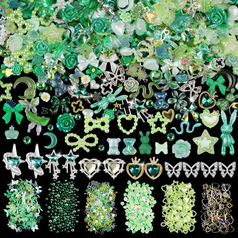editTime 650pcs Mixed 3D Nail Charms Kit, 12pcs Luxury Metal Nail Rhinestones and 250pcs Resin Butterfly Flower Star Heart Bow Charms with 400pcs Flatback Pearls Rhinestone Metal Gems Charms (Green) - Image 1