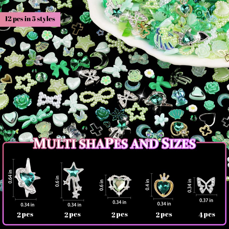 editTime 650pcs Mixed 3D Nail Charms Kit, 12pcs Luxury Metal Nail Rhinestones and 250pcs Resin Butterfly Flower Star Heart Bow Charms with 400pcs Flatback Pearls Rhinestone Metal Gems Charms (Green) - Image 3