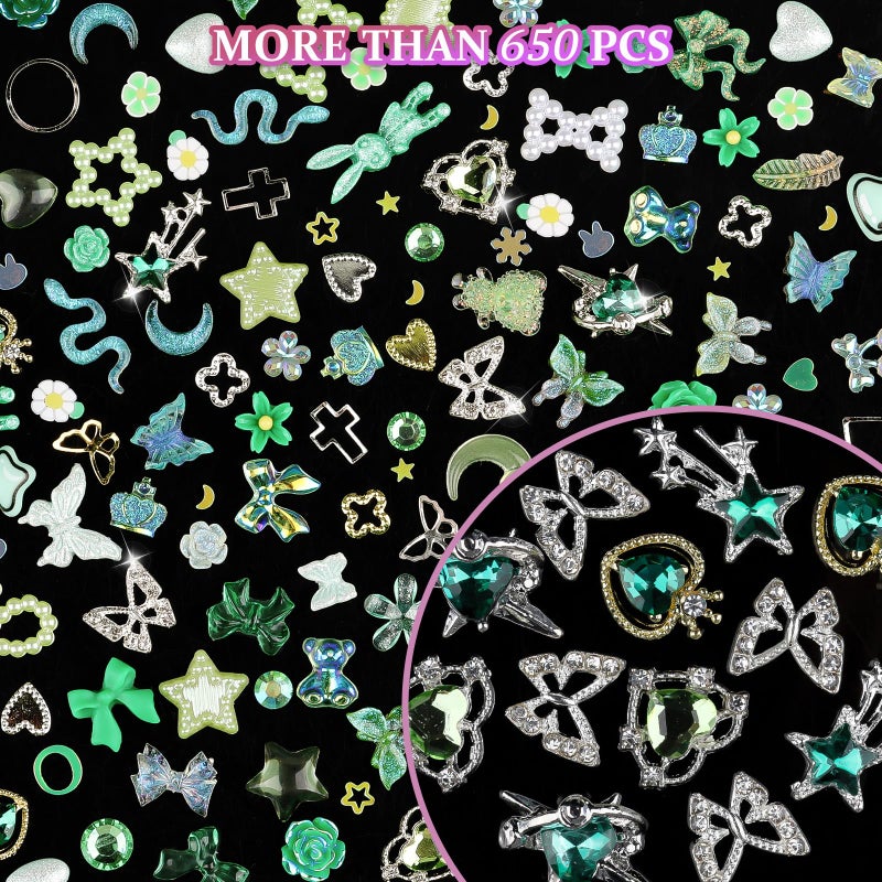 editTime 650pcs Mixed 3D Nail Charms Kit, 12pcs Luxury Metal Nail Rhinestones and 250pcs Resin Butterfly Flower Star Heart Bow Charms with 400pcs Flatback Pearls Rhinestone Metal Gems Charms (Green) - Image 5