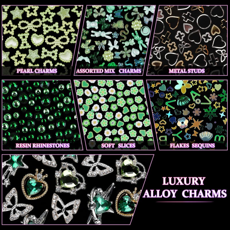 editTime 650pcs Mixed 3D Nail Charms Kit, 12pcs Luxury Metal Nail Rhinestones and 250pcs Resin Butterfly Flower Star Heart Bow Charms with 400pcs Flatback Pearls Rhinestone Metal Gems Charms (Green) - Image 4
