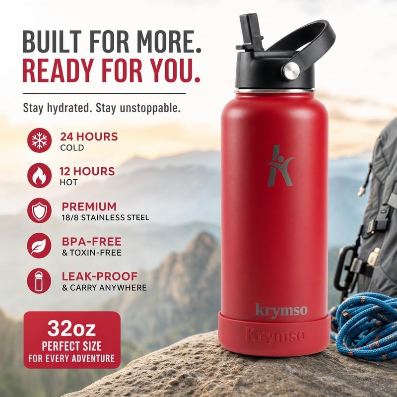 KRYMSO 950ml Stainless Steel Water Bottle, Insulated Thermos Flask, Leakproof, BPA-Free, Gym (Dark Red) - Image 2