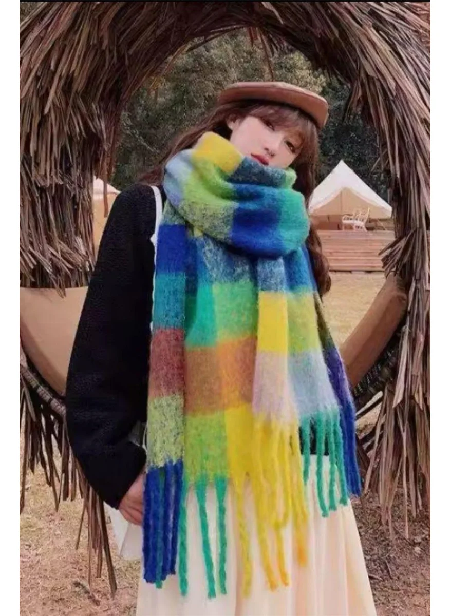 باهلس Imported Puffy Soft Texture Colorful Square Patterned Scarf Shawl Shoulder Shawl