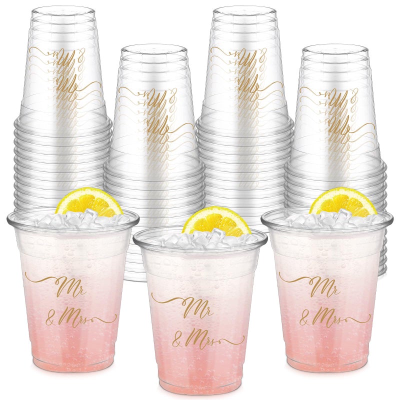 FoldTier 50 Pcs Mr and Mrs Cups 12 oz Plastic Wedding Cups Clear Engagement Disposable Glasses Bridal Shower Drinking Glasses for Home Kitchen Wedding Theme Party Favors Supplies Decoration - Image 2