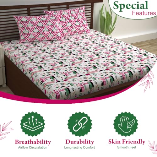 Divine Casa Cotton 144 TC Bedsheet for Double Bed King Size Bedsheet with 2 Pillow Covers (Size 270 X 270 cm, Pink & White, Abstract) - Image 4