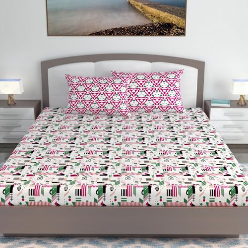 Divine Casa Cotton 144 TC Bedsheet for Double Bed King Size Bedsheet with 2 Pillow Covers (Size 270 X 270 cm, Pink & White, Abstract) - Image 2