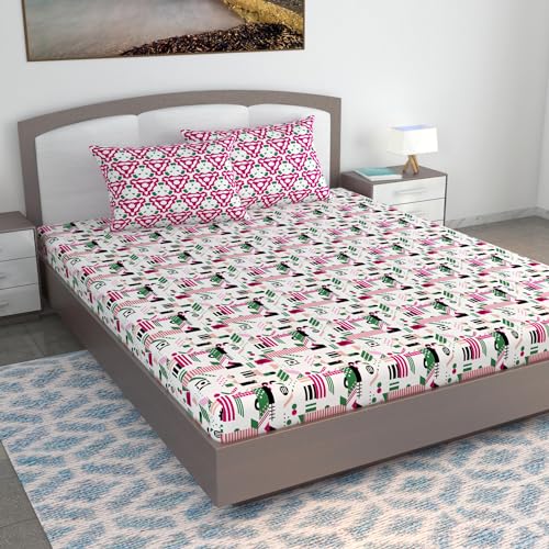 Divine Casa Cotton 144 TC Bedsheet for Double Bed King Size Bedsheet with 2 Pillow Covers (Size 270 X 270 cm, Pink & White, Abstract) - Image 1