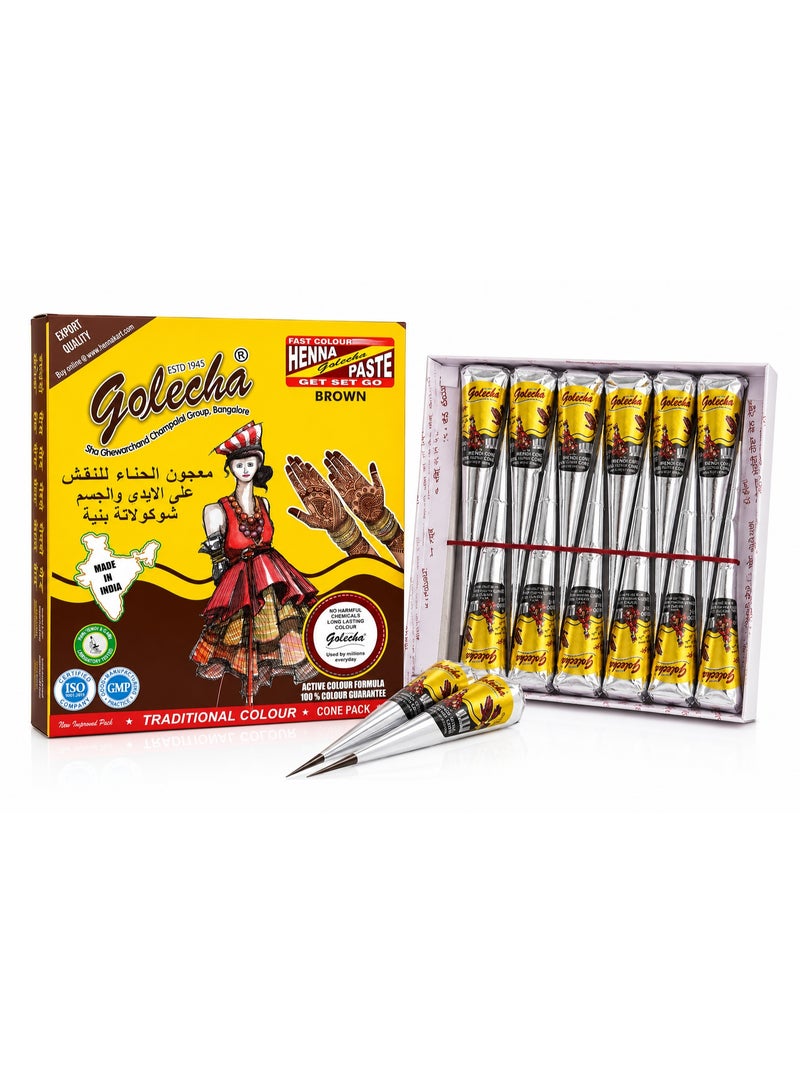 Golecha Brown Henna Cone Paste, 12-Pack Ready-to-Use Traditional Mehndi for Body Art - Image 1