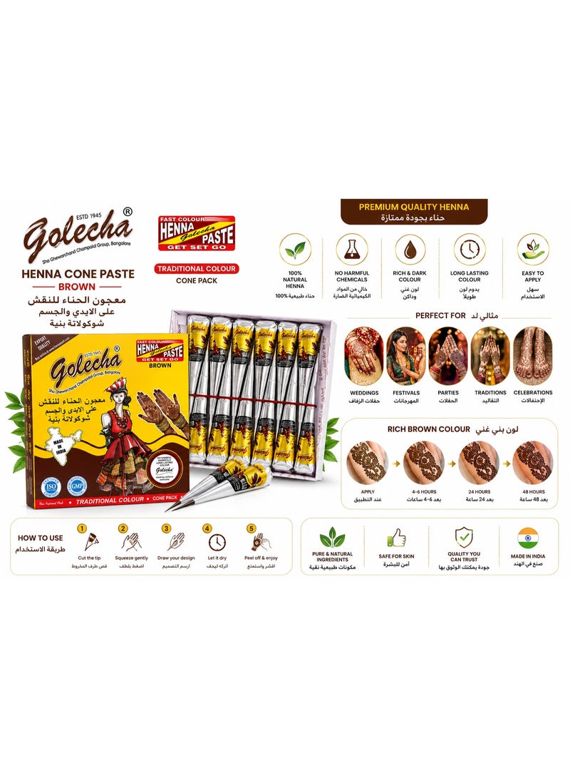 Golecha Brown Henna Cone Paste, 12-Pack Ready-to-Use Traditional Mehndi for Body Art - Image 2