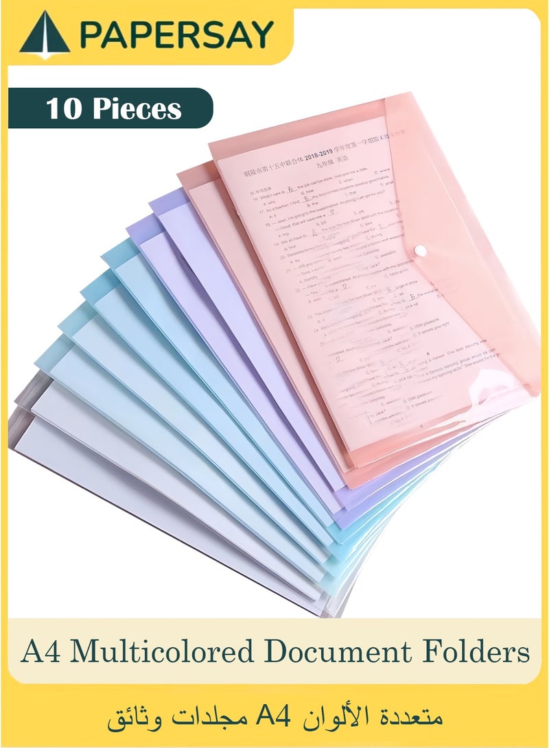 PAPERSAY 10 pack Clear Multicolored Document Folders,A4 Multicolored Filing Envelopes, Waterproof File Holder with Snap Button Closure, for School, Home, Office Stationery Tools - Image 1