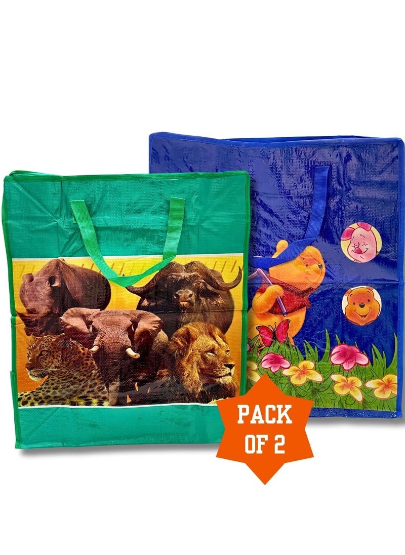 Nice Pack 2 Pieces 50 x 45 cm Printed Reusable Grocery Bag, Kids Storage Bag, Cargo Bag, Laundry Bag with Zip and Handle  - Image 1