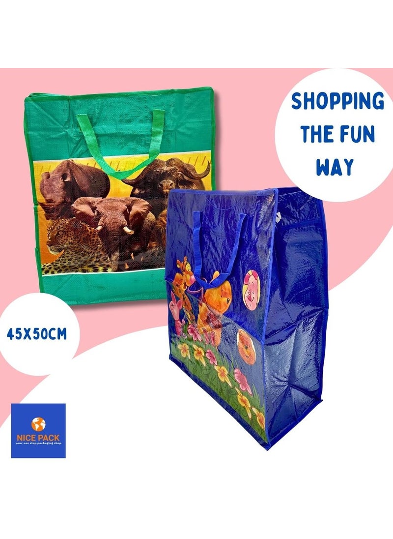 Nice Pack 2 Pieces 50 x 45 cm Printed Reusable Grocery Bag, Kids Storage Bag, Cargo Bag, Laundry Bag with Zip and Handle  - Image 2