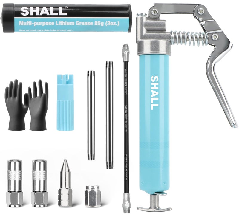 SHALL Mini Grease Gun, Small Grease Gun Kit (3.52OZ Capacity, 3000PSI) with 2PCS 4-Jaw couplers, Sharp Nozzle, Extension Adapter, 3OZ Cartridge Grease, Reinforced PVC Glove & Zerk Fitting Cleaner - Image 1