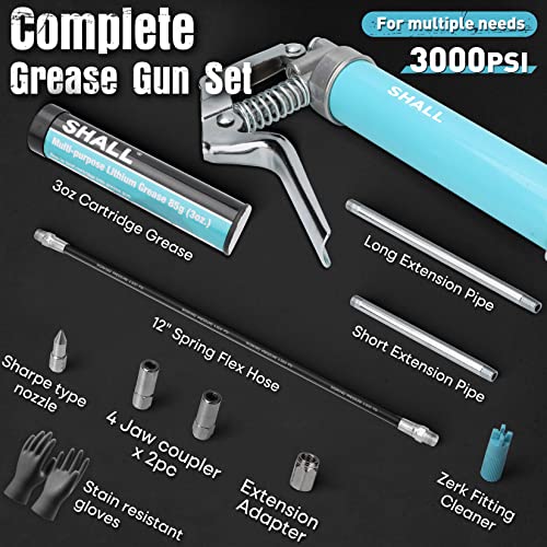 SHALL Mini Grease Gun, Small Grease Gun Kit (3.52OZ Capacity, 3000PSI) with 2PCS 4-Jaw couplers, Sharp Nozzle, Extension Adapter, 3OZ Cartridge Grease, Reinforced PVC Glove & Zerk Fitting Cleaner - Image 2