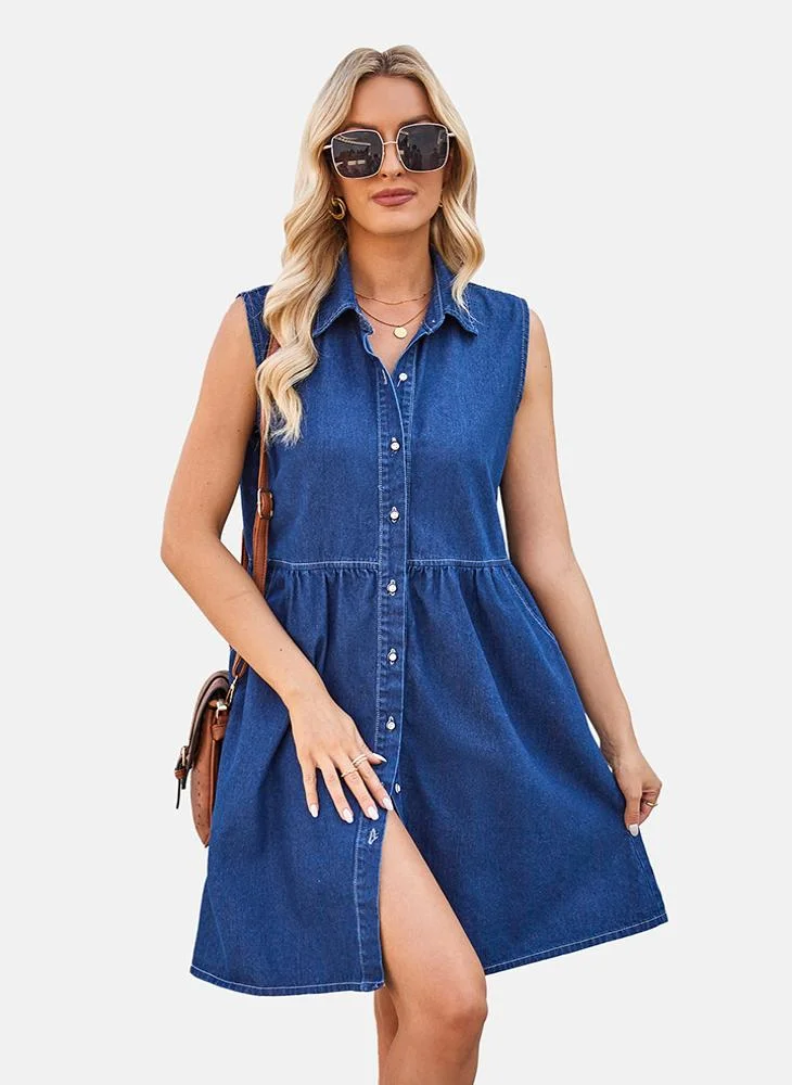 YUNIQEE Blue Plain Denim Shirt Dress