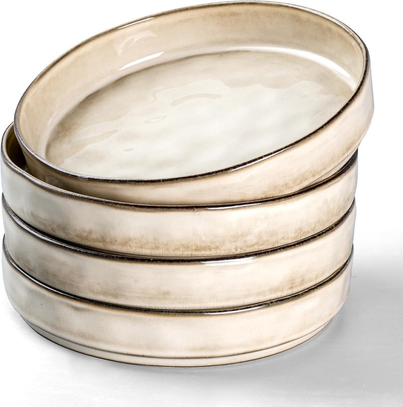 E-far طقم أطباق باستا إيفار 4 قطع 30 أونصة أطباق سلطة ضحلة لتقديم العشاء 825 أطباق خزفية من الحجر لطبق نودلز الحساء آمنة للاستخدام في الميكروويف وغسالة الصحون زجاجة تفاعلية بلون الكاكي - Image 1