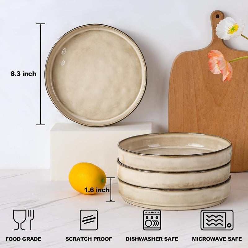 E-far طقم أطباق باستا إيفار 4 قطع 30 أونصة أطباق سلطة ضحلة لتقديم العشاء 825 أطباق خزفية من الحجر لطبق نودلز الحساء آمنة للاستخدام في الميكروويف وغسالة الصحون زجاجة تفاعلية بلون الكاكي - Image 2