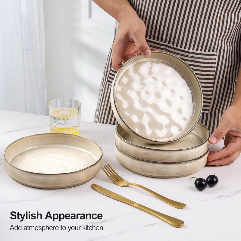 E-far طقم أطباق باستا إيفار 4 قطع 30 أونصة أطباق سلطة ضحلة لتقديم العشاء 825 أطباق خزفية من الحجر لطبق نودلز الحساء آمنة للاستخدام في الميكروويف وغسالة الصحون زجاجة تفاعلية بلون الكاكي - Image 3