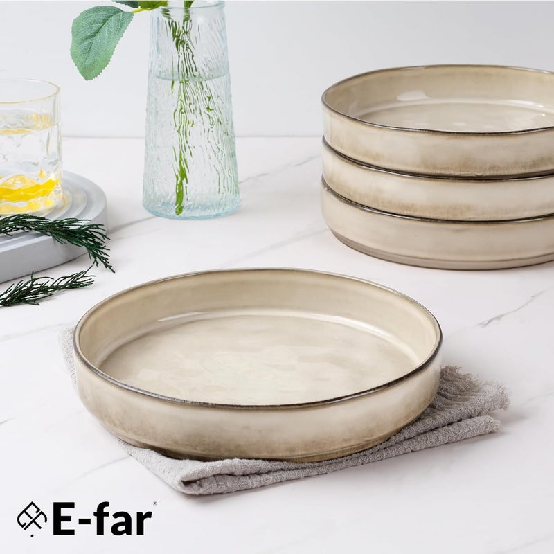 E-far طقم أطباق باستا إيفار 4 قطع 30 أونصة أطباق سلطة ضحلة لتقديم العشاء 825 أطباق خزفية من الحجر لطبق نودلز الحساء آمنة للاستخدام في الميكروويف وغسالة الصحون زجاجة تفاعلية بلون الكاكي - Image 4