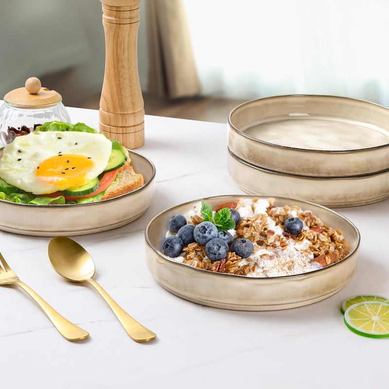 E-far طقم أطباق باستا إيفار 4 قطع 30 أونصة أطباق سلطة ضحلة لتقديم العشاء 825 أطباق خزفية من الحجر لطبق نودلز الحساء آمنة للاستخدام في الميكروويف وغسالة الصحون زجاجة تفاعلية بلون الكاكي - Image 5