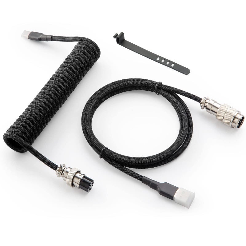 GUNMJO Pro Custom Coiled USB C Cable for Gaming Keyboard, Double-Sleeved Mechanical Keyboard Cable with Detachable Metal Aviator, 1.5M USB-C to USB-A, Classic Black Color - Image 1