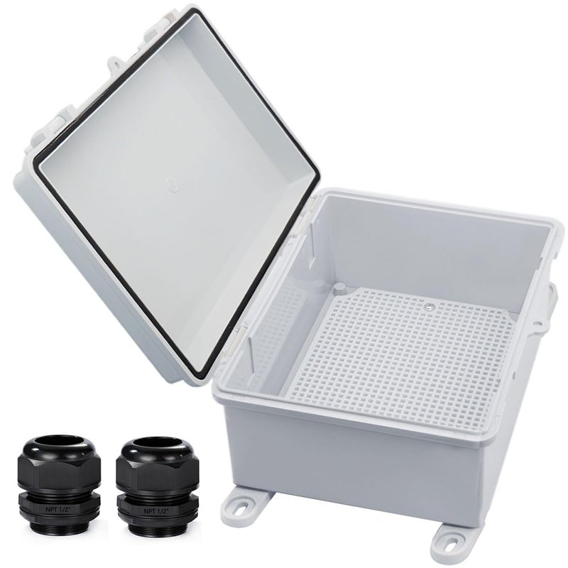 YETLEBOX Waterproof Outdoor Electrical Box Junction Box Weatherproof IP67 ABS Plastic Enclosure Switch Router Project Box with Mounting Plate with Wall Bracket 2 Cable Glands Grey 8"x6"x4.3" - Image 1