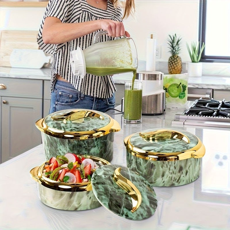 3pcs Green Thermal Casserole Dish Set With Lids Insulated Stainless Steel Food Warmer For Hot And Cold Food Serving Bowl For Buffets Hot Pot Sets Tableware For Office - Image 5