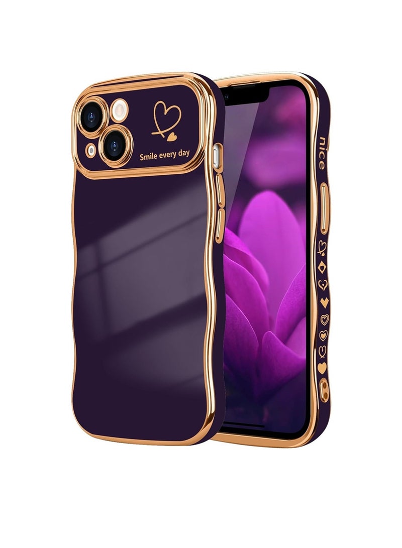 WRISTWISE Case Cover for iPhone 14, Cute Wave Frame Curly Shape with Love Heart Pattern Raised Camera Protection Cover Luxury Plating Shockproof Phone Case for iPhone 14, Purple - Image 1