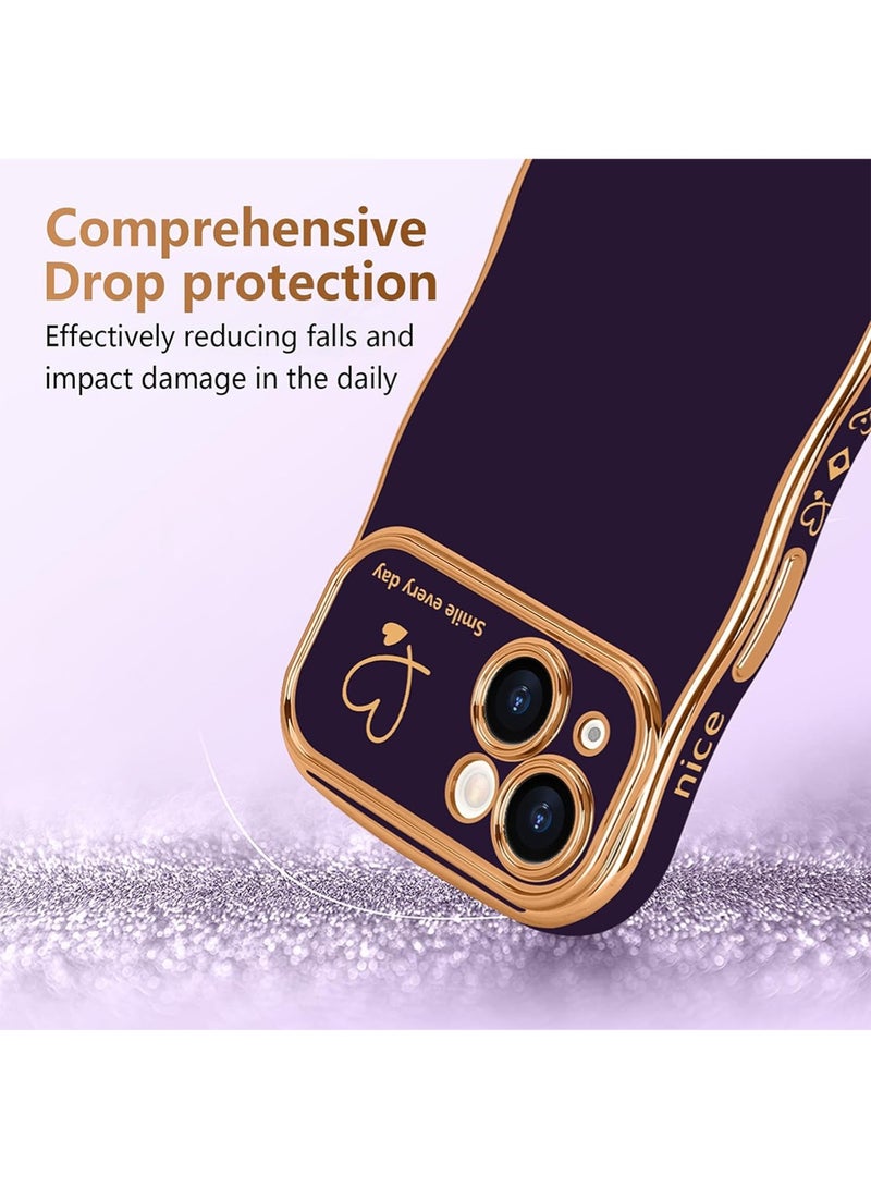 WRISTWISE Case Cover for iPhone 14, Cute Wave Frame Curly Shape with Love Heart Pattern Raised Camera Protection Cover Luxury Plating Shockproof Phone Case for iPhone 14, Purple - Image 3