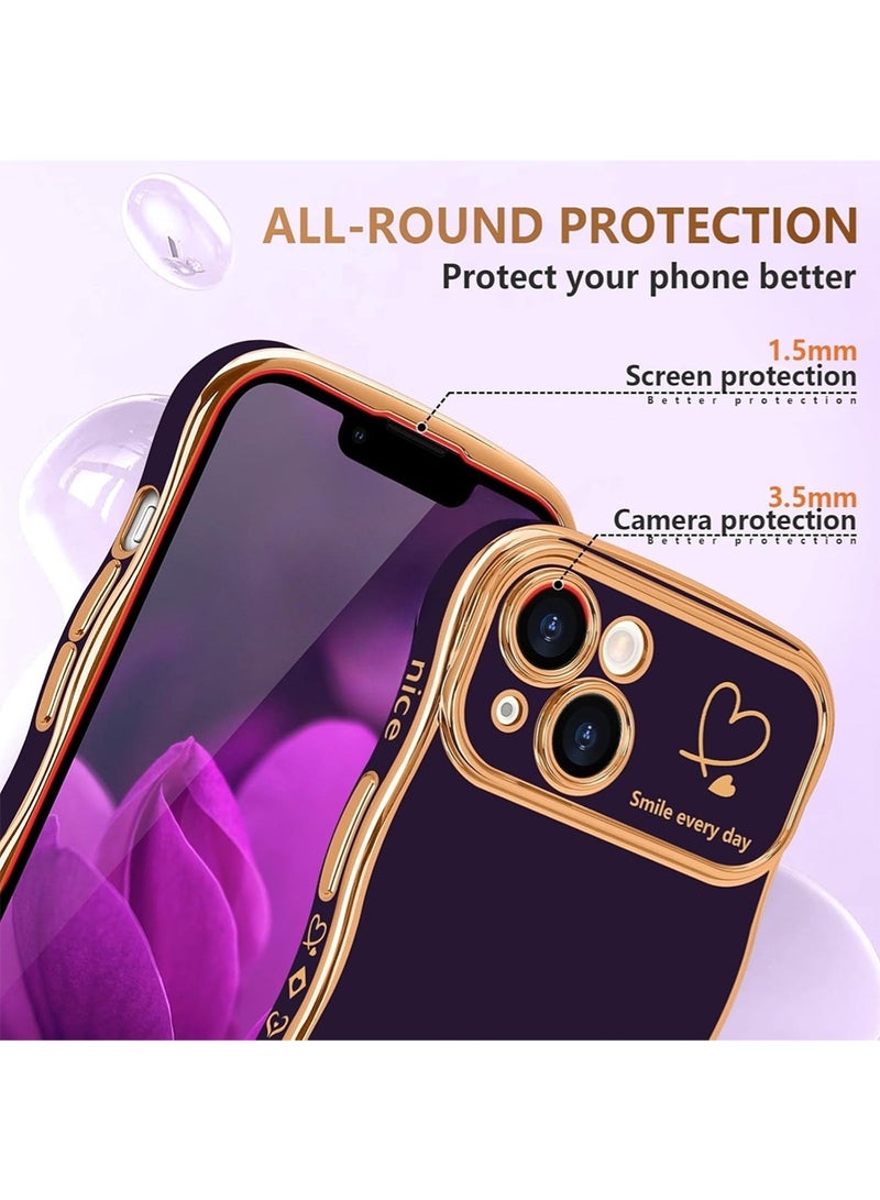 WRISTWISE Case Cover for iPhone 14, Cute Wave Frame Curly Shape with Love Heart Pattern Raised Camera Protection Cover Luxury Plating Shockproof Phone Case for iPhone 14, Purple - Image 4