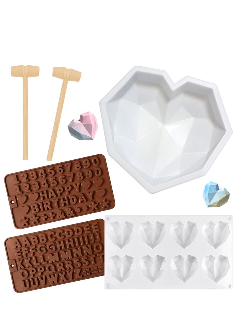 6 Pieces Diamond Heart Silicone Mold, 8.7 Inch Heart Shape Mold 8 Cavities Chocolate Cake Molds 2 Pieces Silicone Letter Number Molds and 2 Pieces Hammers for DIY Candy Mousse Cake Tools - Image 1