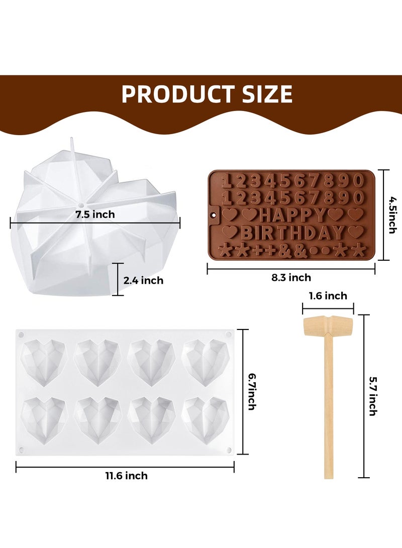 6 Pieces Diamond Heart Silicone Mold, 8.7 Inch Heart Shape Mold 8 Cavities Chocolate Cake Molds 2 Pieces Silicone Letter Number Molds and 2 Pieces Hammers for DIY Candy Mousse Cake Tools - Image 4