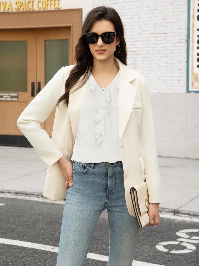 Funlingo Blouses for Women Dressy Casual White Long Sleeve Shirts 2025 Fall Trendy Business V Neck Tunic Chiffon Tops Office Work Clothing L - Image 4