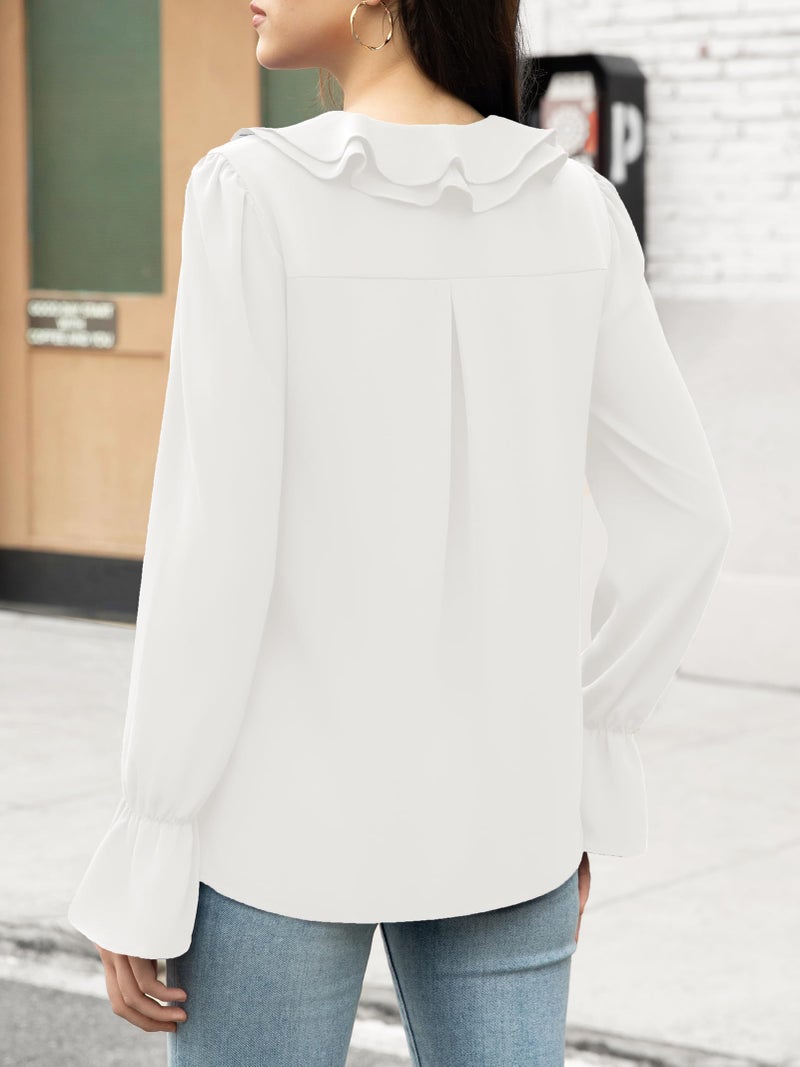 Funlingo Blouses for Women Dressy Casual White Long Sleeve Shirts 2025 Fall Trendy Business V Neck Tunic Chiffon Tops Office Work Clothing L - Image 3