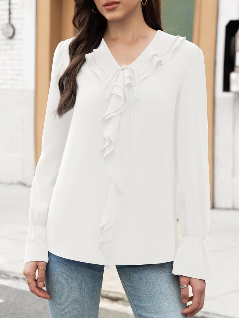 Funlingo Blouses for Women Dressy Casual White Long Sleeve Shirts 2025 Fall Trendy Business V Neck Tunic Chiffon Tops Office Work Clothing L - Image 2