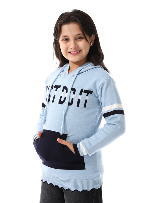 Acrylic Girls Dress With Self Pattern Jacket _Light Blue