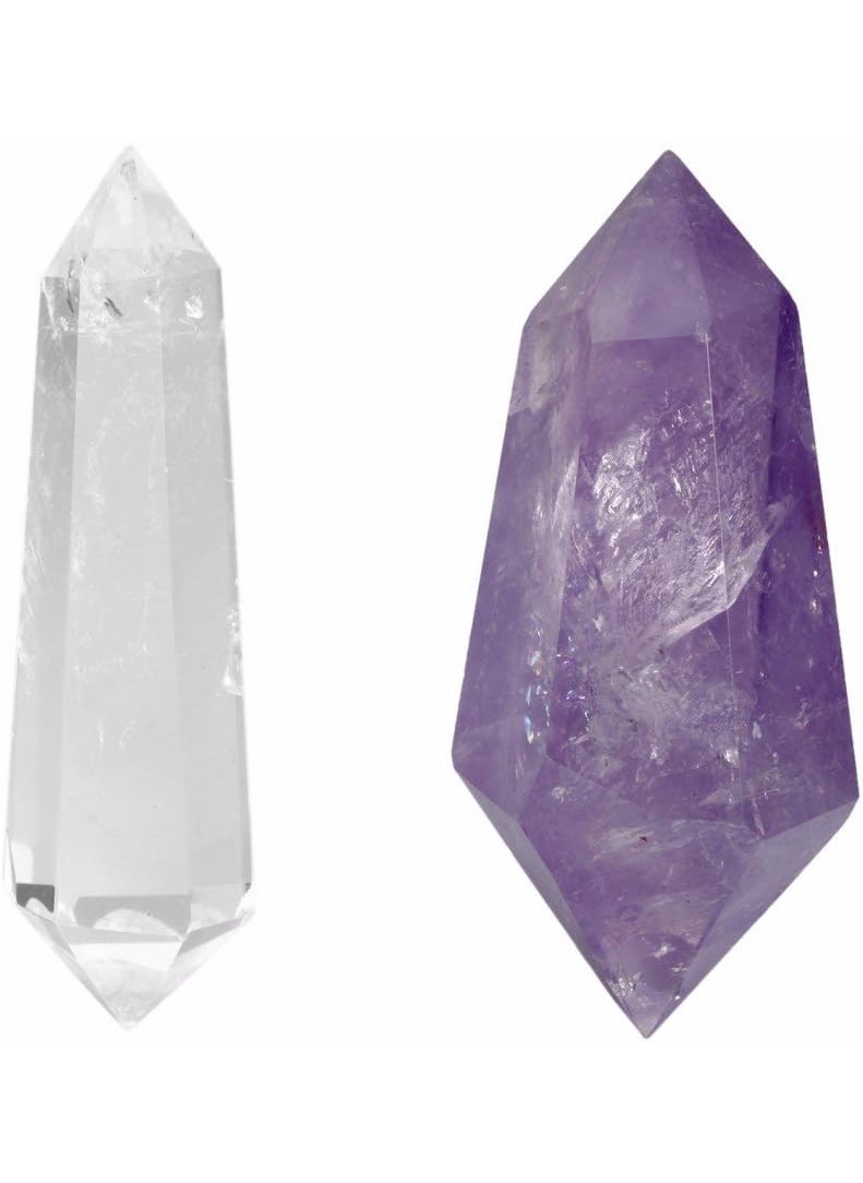 SUNYIK SUNYIK Rock Quartz 1.7"-3.3" /Amethyst 1.9"-2.9" 6 Facet Double Crystal Point Figurine Sphere Pack of 2 